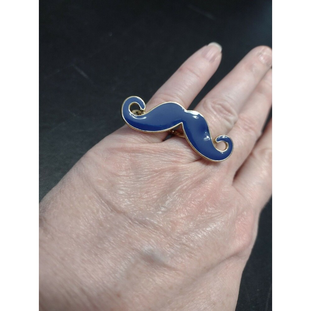 Gold tone blue enamel mustache ring adjustable